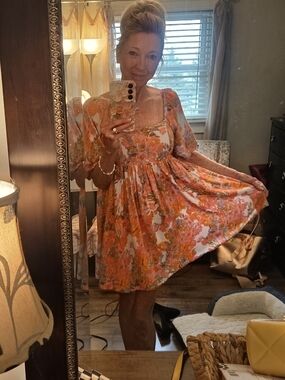 Floral Puff-Sleeve Mini Dress in Orange and Pink